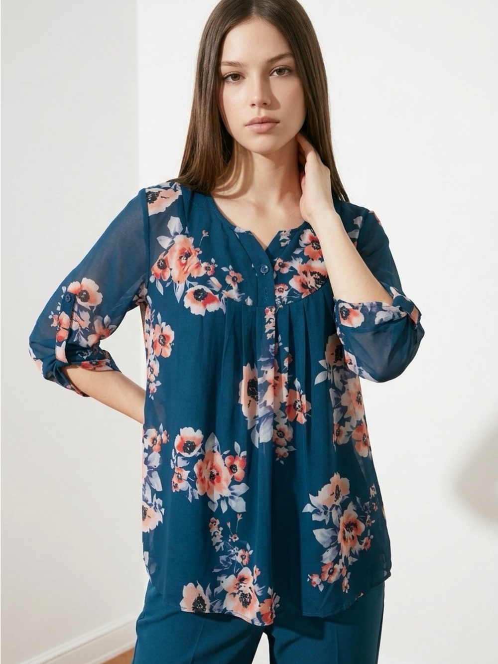 BaikeaTeal Floral Sheer Long-Sleeve Blouse with Coral Accents